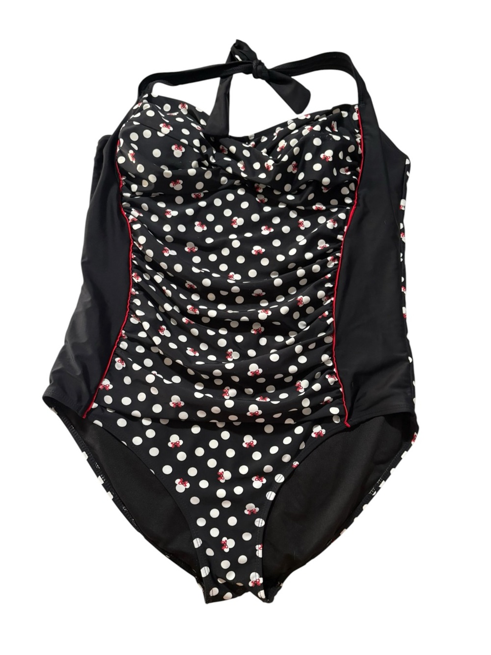 Disney Parks XL Minnie mouse Black Polka Dot Halter One-Piece Swimsuit Red Trim